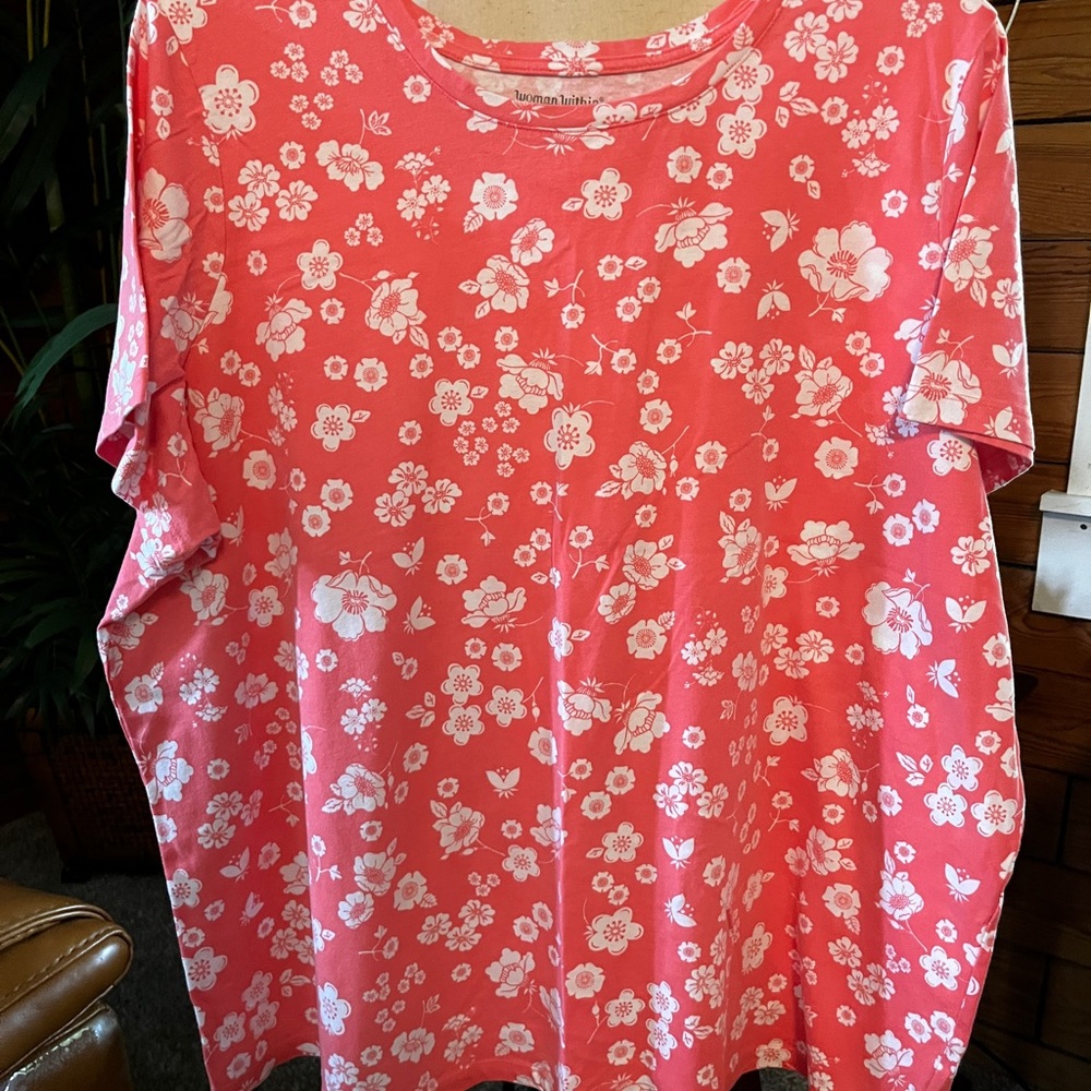 Woman Within 3x(60”B x 31”L)Coral Floral Short Sleeve Tee